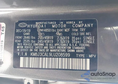 2020 Hyundai Tucson Sport from USA, damaged, VIN KM8J3CAL9LU208599